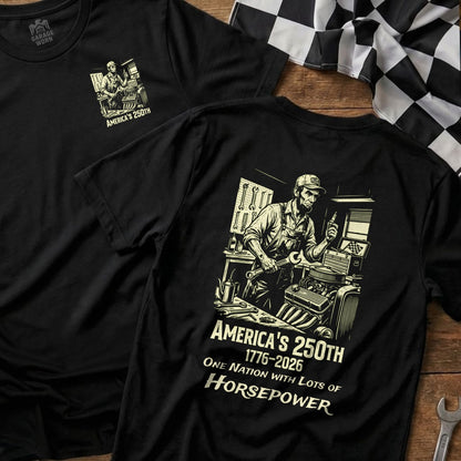 Black t-shirt with "America's 250th" and "One Nation with Lots of Horsepower" graphic.