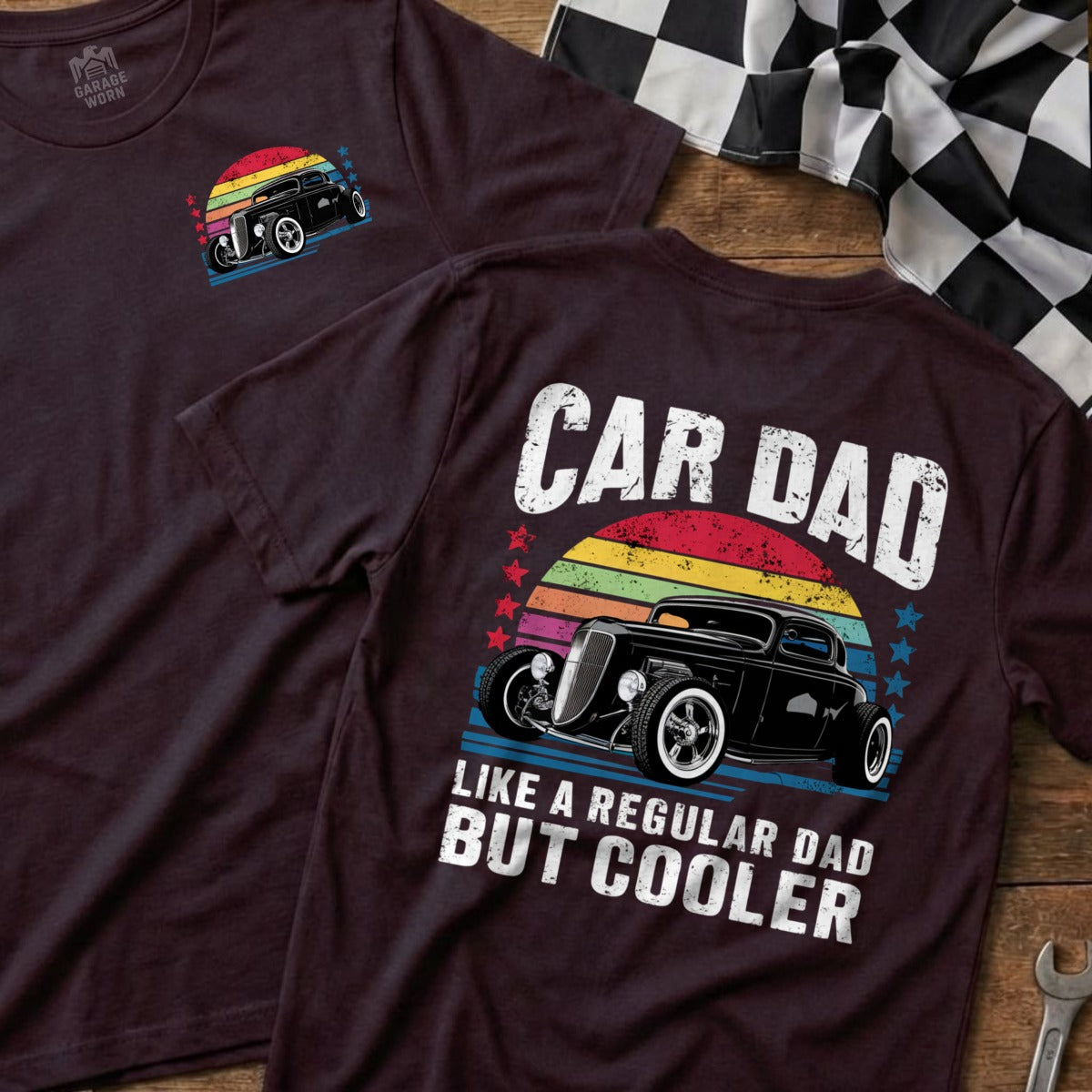 Dark t-shirt with "CAR DAD" text, a classic hot rod, and rainbow sunset graphic.