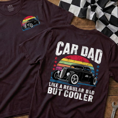 Dark t-shirt with "CAR DAD" text, a classic hot rod, and rainbow sunset graphic.