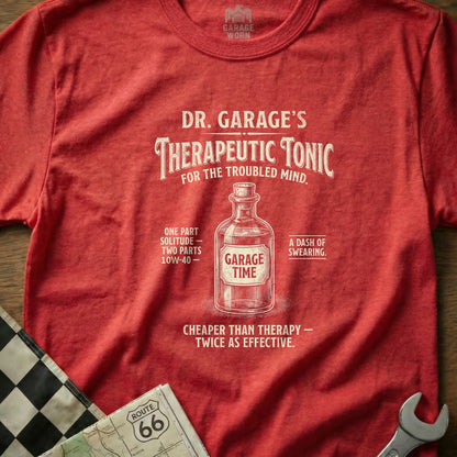 Red t-shirt with "Dr. Garage's Therapeutic Tonic" and a graphic of a bottle.