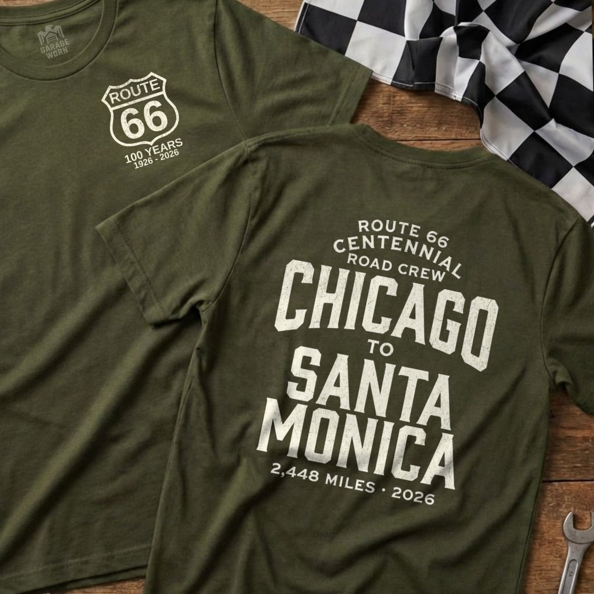 Two green t-shirts with Route 66 100th anniversary Chicago to Santa Monica design.