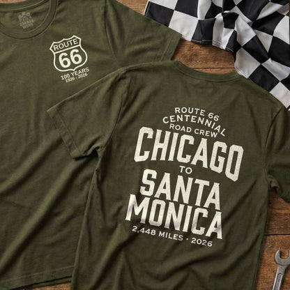 Two green t-shirts with Route 66 100th anniversary Chicago to Santa Monica design.
