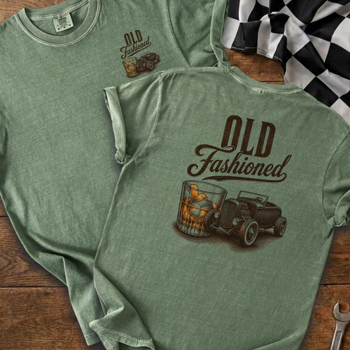 Green t-shirt with "Old Fashioned" text, whiskey glass, and hot rod graphic.