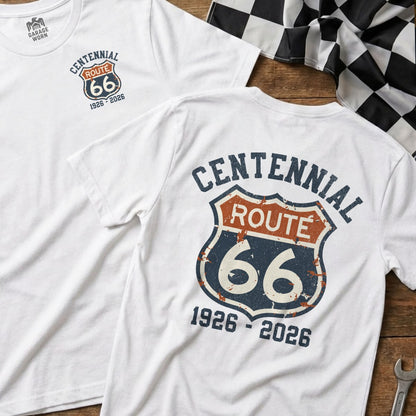 White t-shirt with distressed Route 66 centennial logo and dates.