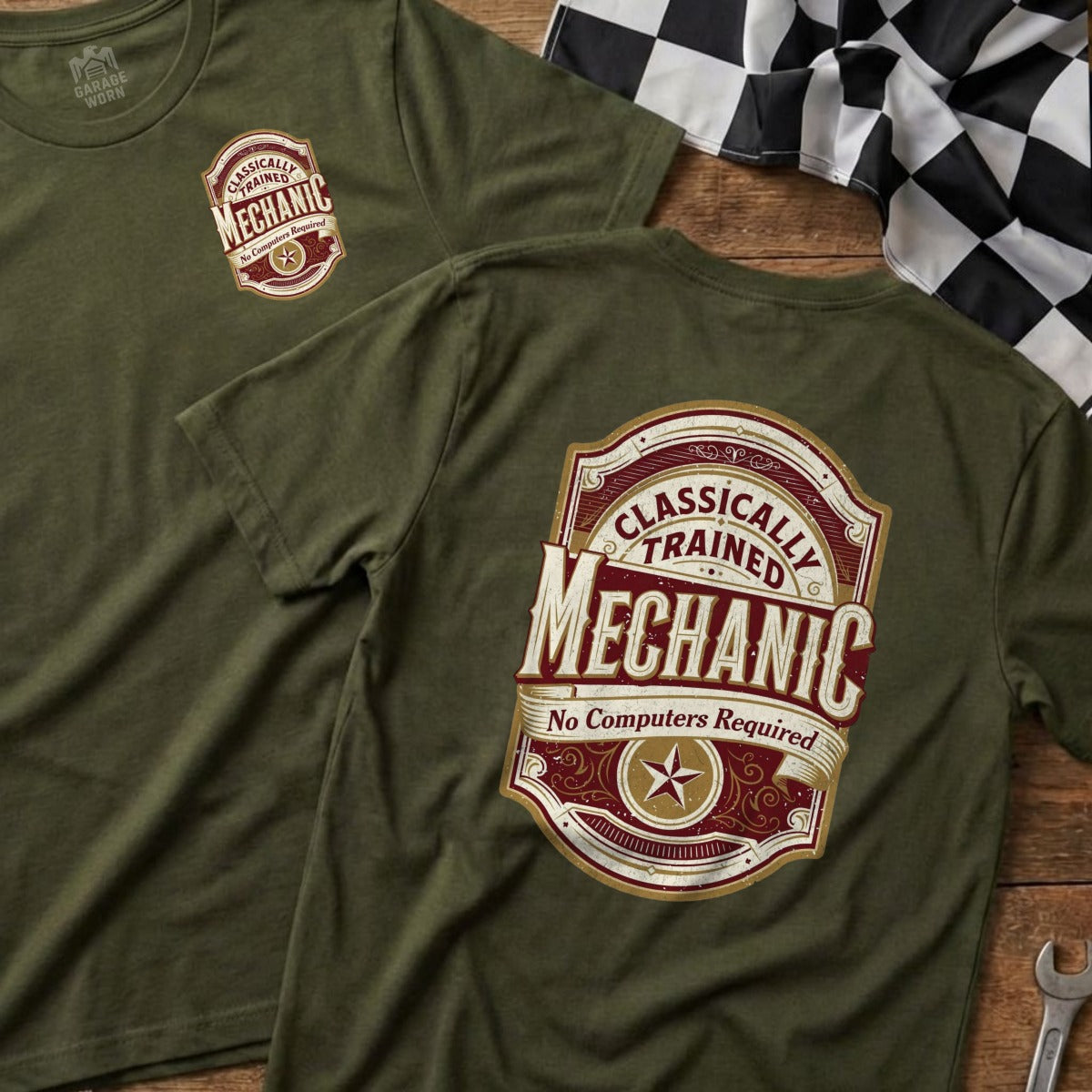 Olive green t-shirt with "Classically Trained Mechanic" logo, "No Computers Required".