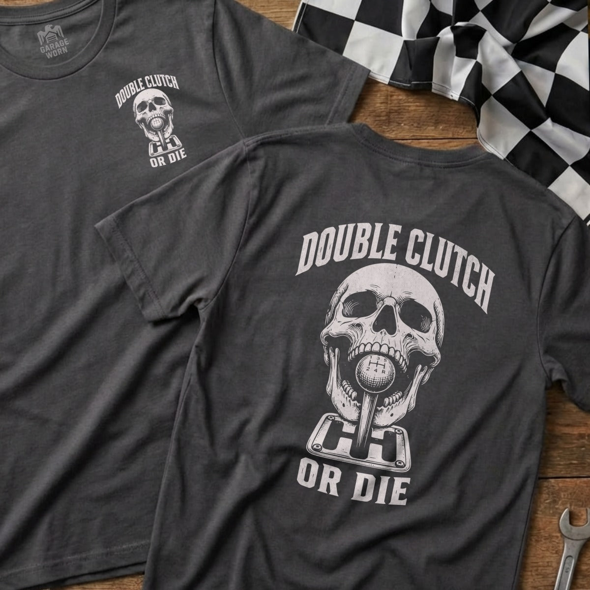 Dark grey t-shirt with skull, gear shift, and "Double Clutch or Die" text.