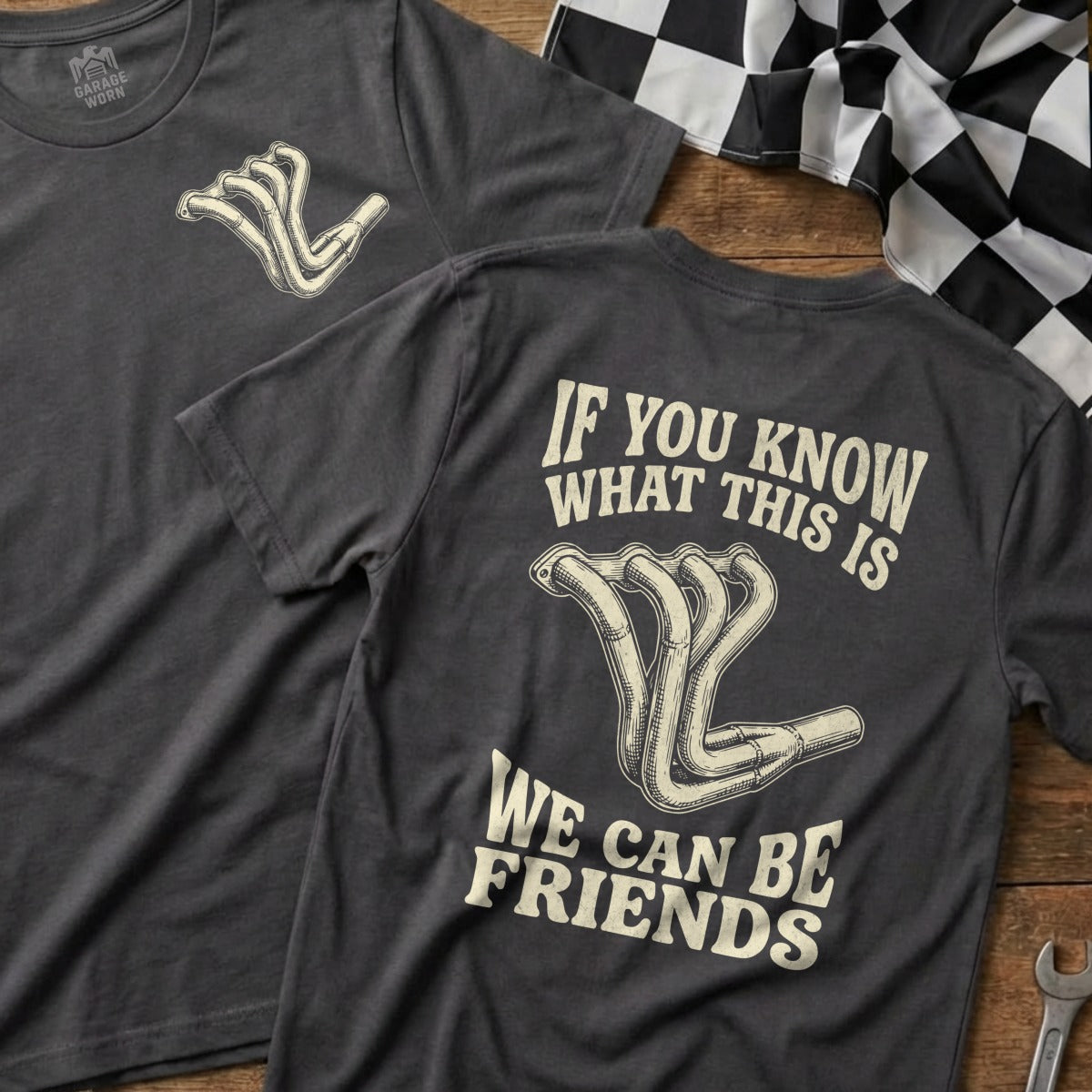 T-shirt with exhaust headers and text "If you know what this is we can be friends".