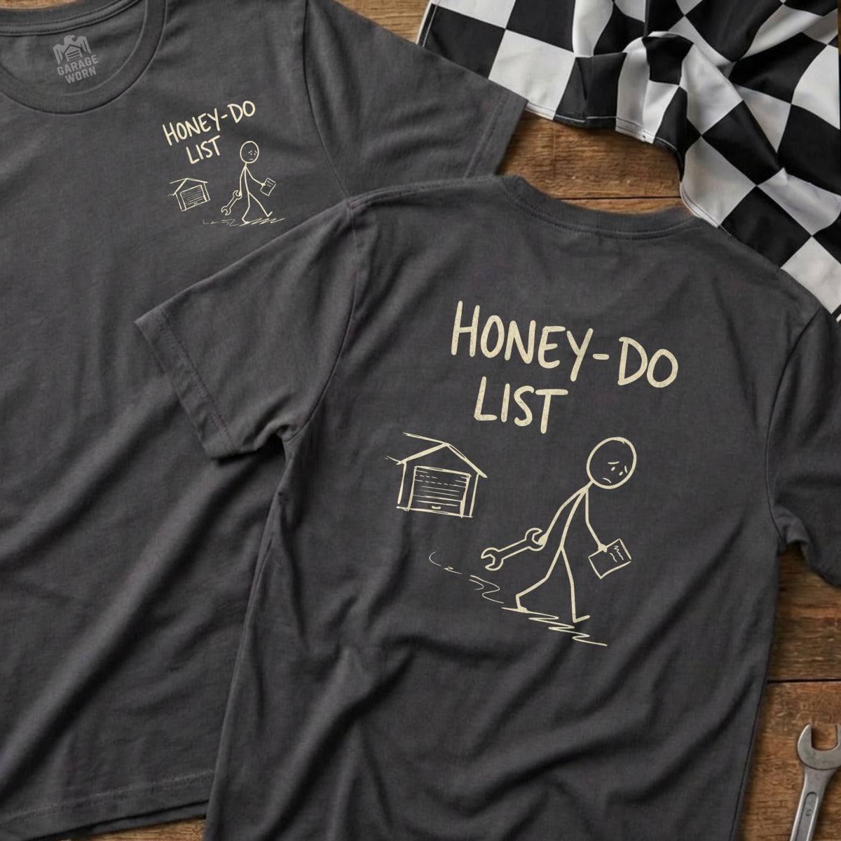 Dark grey t-shirt with "Honey-Do List" text and a stick figure carrying tools.