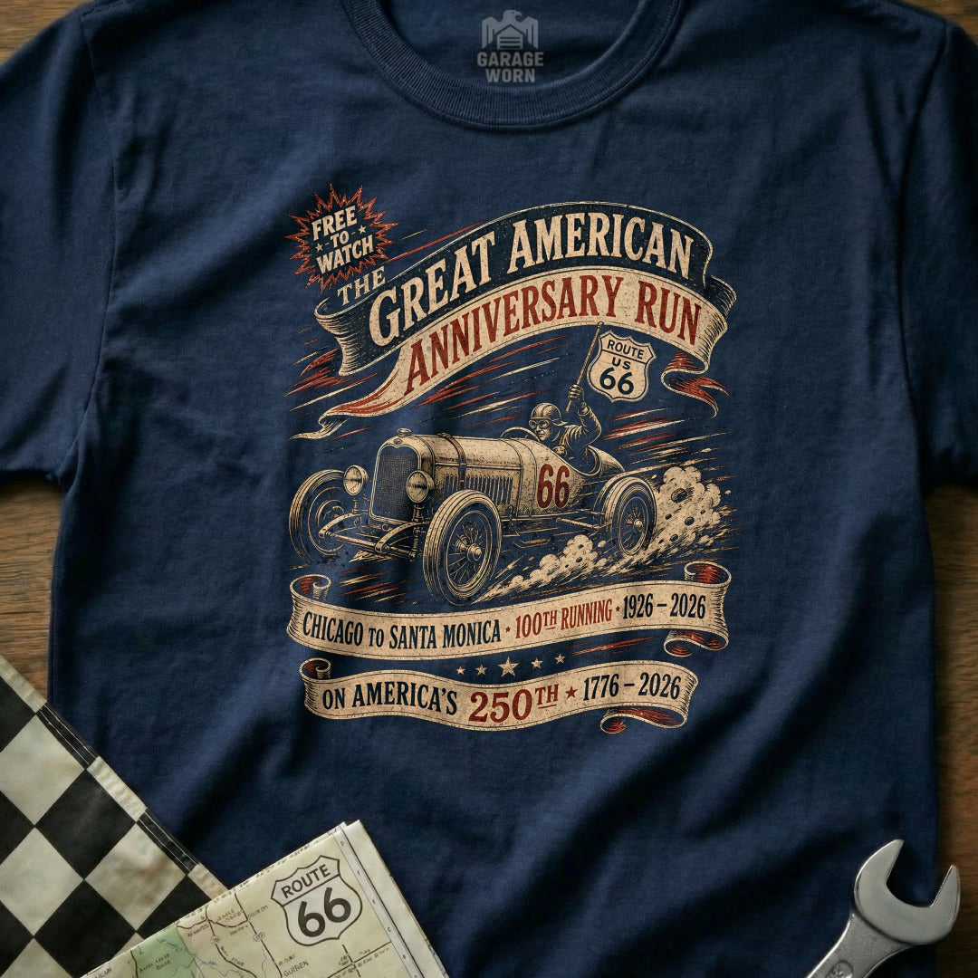 Navy t-shirt with "Great American Anniversary Run Route 66" text and vintage car graphic.