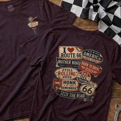 Maroon t-shirts with Route 66 graphics and text.