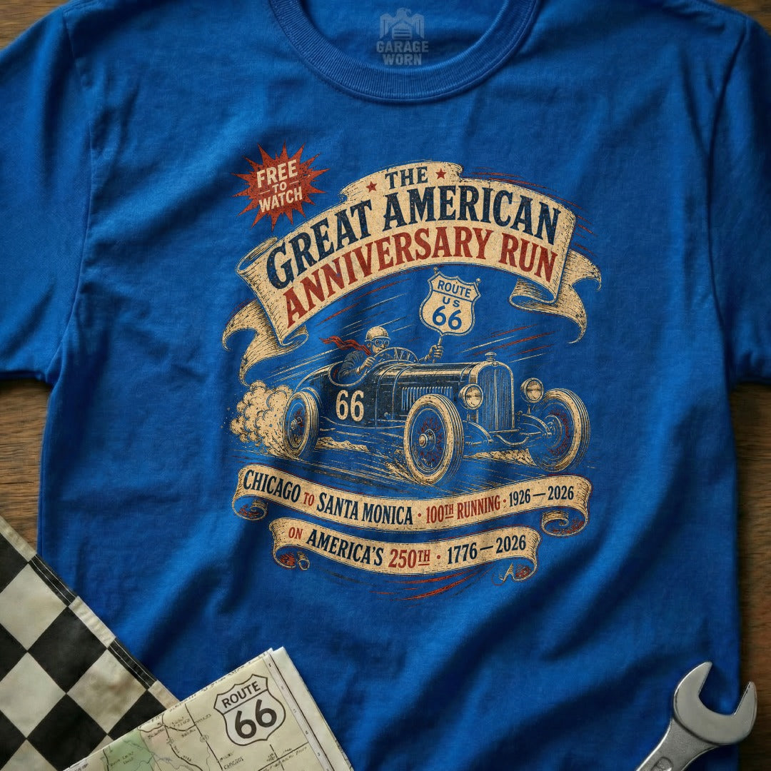 Blue t-shirt with "Great American Anniversary Run Route 66" graphic.