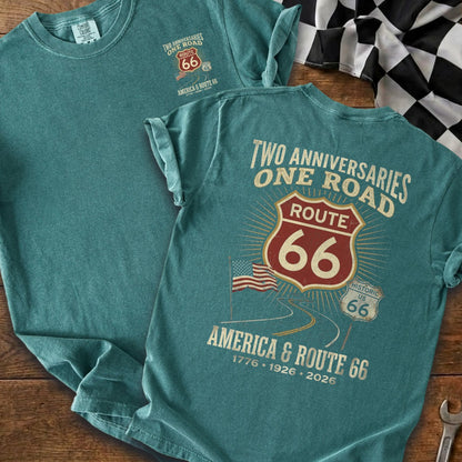 Teal t-shirt with "TWO ANNIVERSARIES ONE ROAD ROUTE 66 AMERICA & ROUTE 66" design.