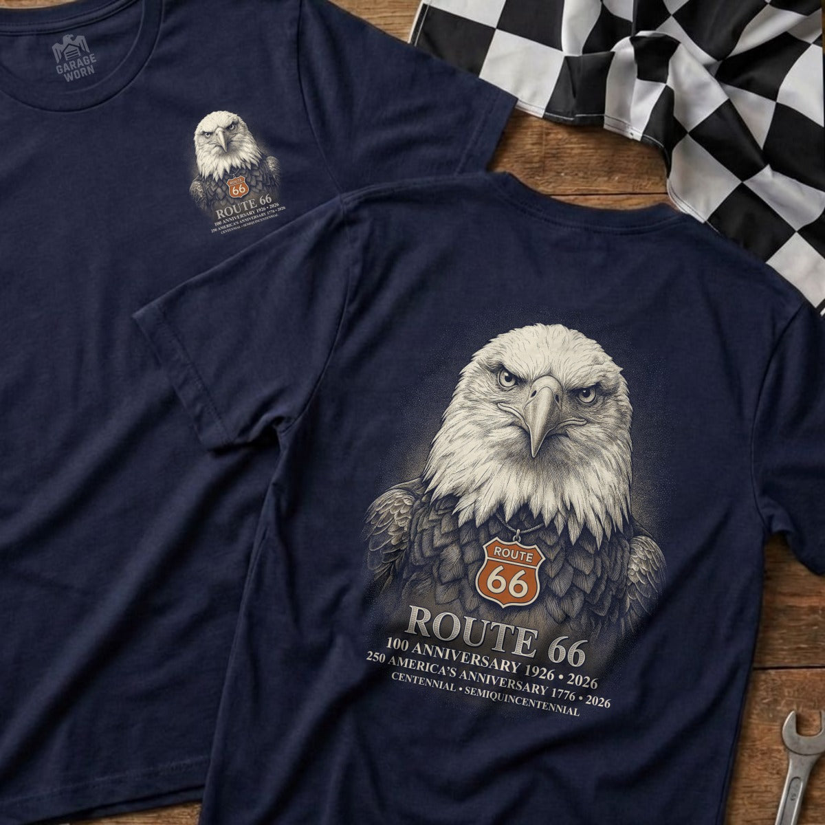 Navy t-shirts feature Route 66 eagle design with anniversary inscriptions.