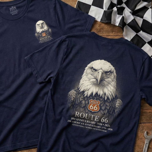 Navy t-shirts feature Route 66 eagle design with anniversary inscriptions.