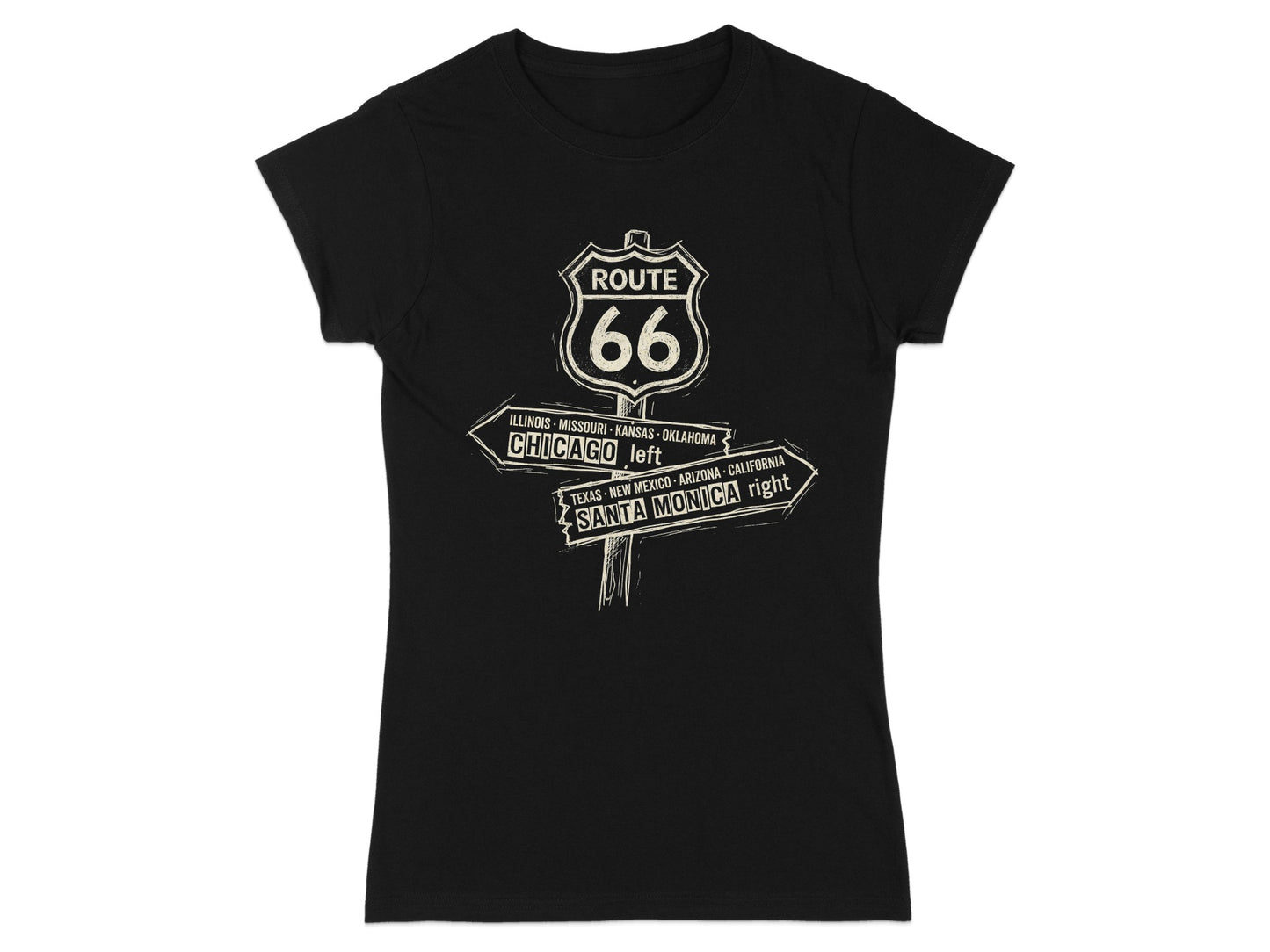Black t-shirt with Route 66 signpost graphic listing cities and directions.