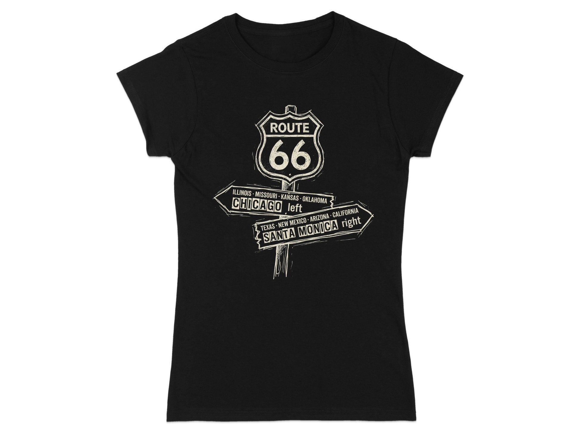 Black t-shirt with Route 66 signpost graphic listing cities and directions.