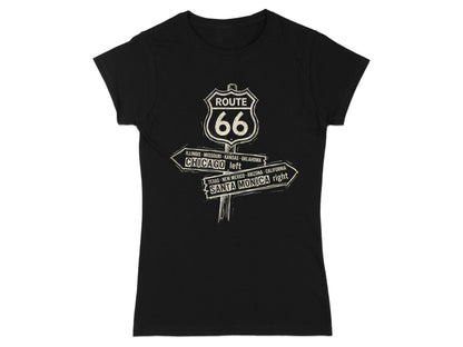 Black t-shirt with Route 66 signpost graphic listing cities and directions.