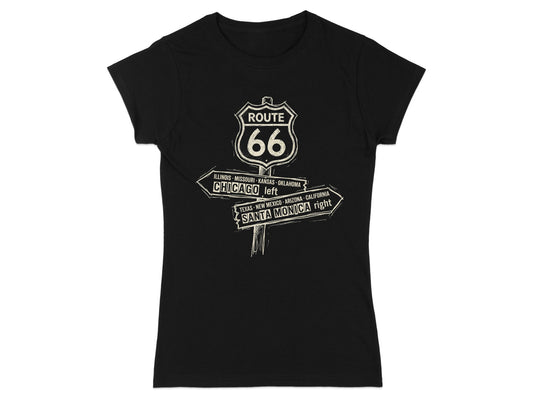 Black t-shirt with Route 66 signpost graphic listing cities and directions.