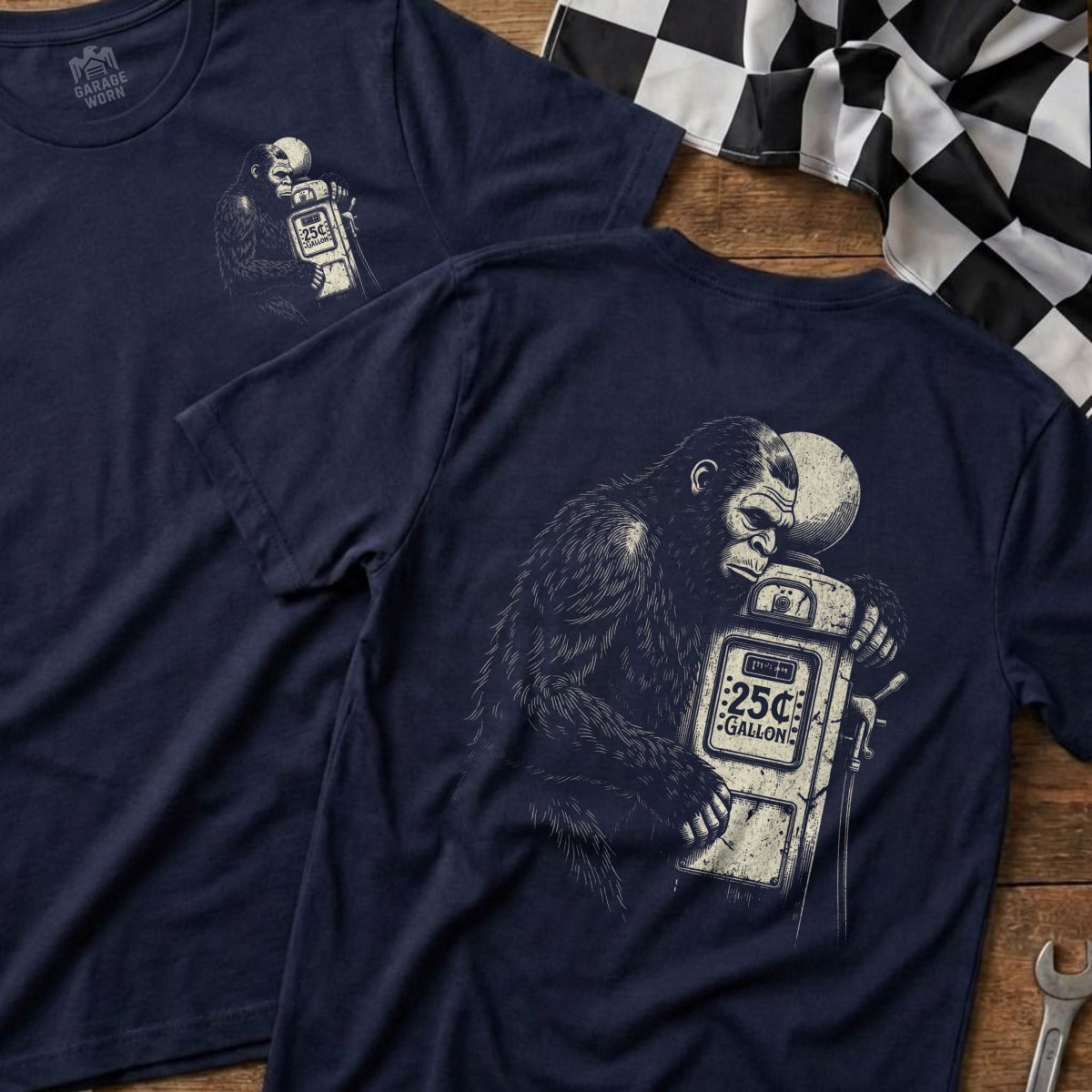 Gorilla using a gas pump that reads "25¢ GALLON" on a dark t-shirt.