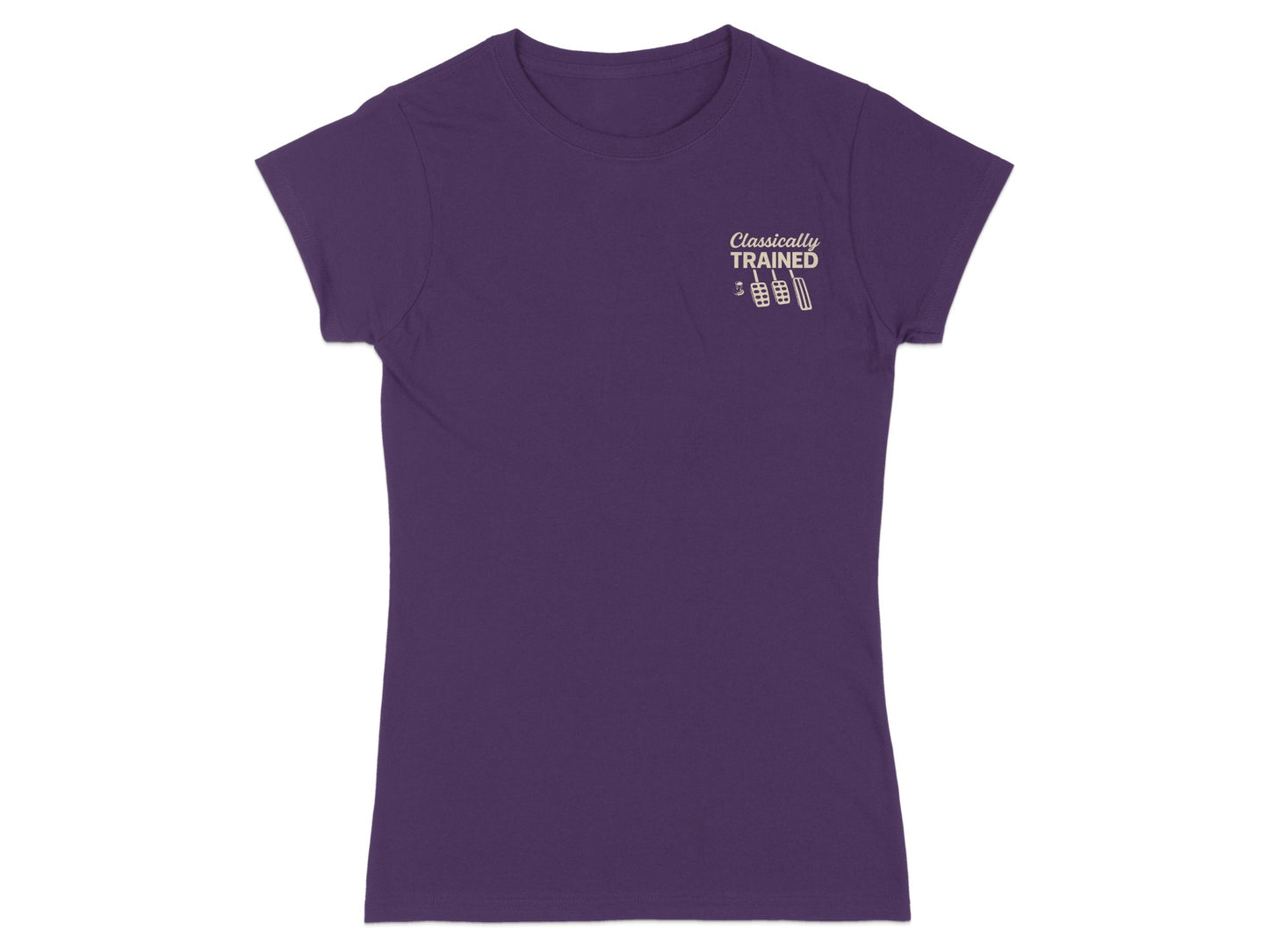 Purple t-shirt with "Classically Trained" text and barbell graphic.
