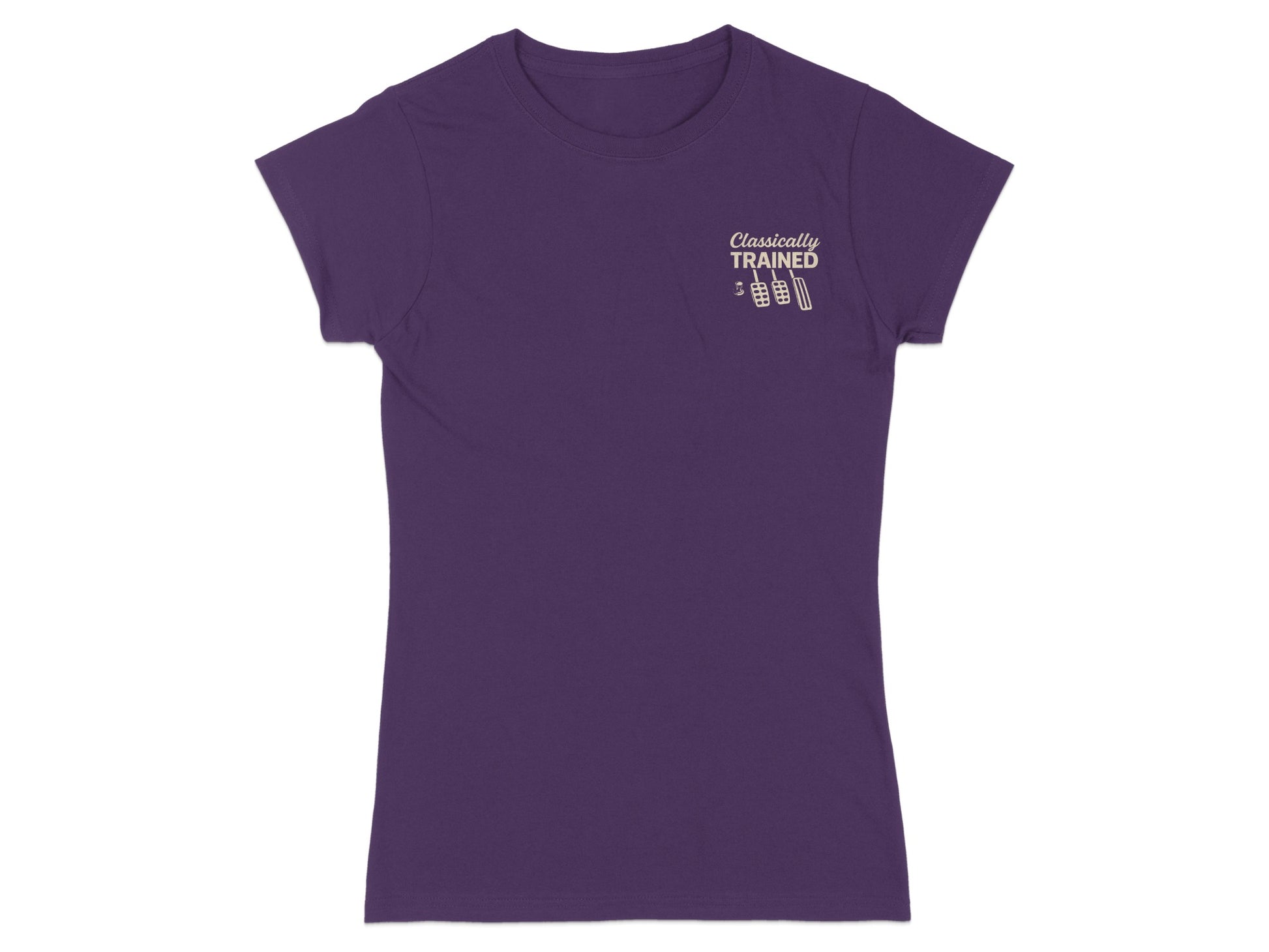Purple t-shirt with "Classically Trained" text and barbell graphic.