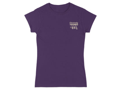 Purple t-shirt with "Classically Trained" text and barbell graphic.