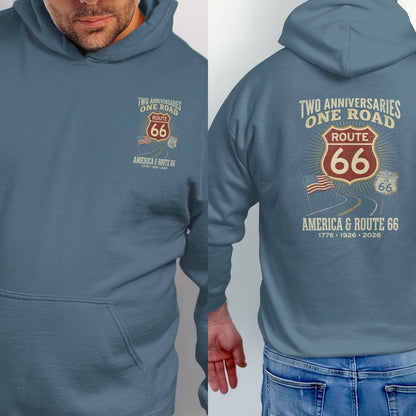 Blue hoodie featuring Route 66 graphic with "Two Anniversaries, One Road" text.