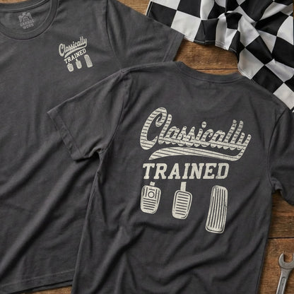 Dark grey t-shirt with "Classically Trained" and three pedals graphic.