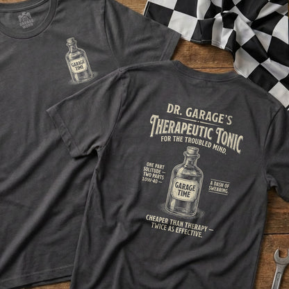 Dark t-shirt with "Dr. Garage's Therapeutic Tonic" and "Garage Time" graphics.