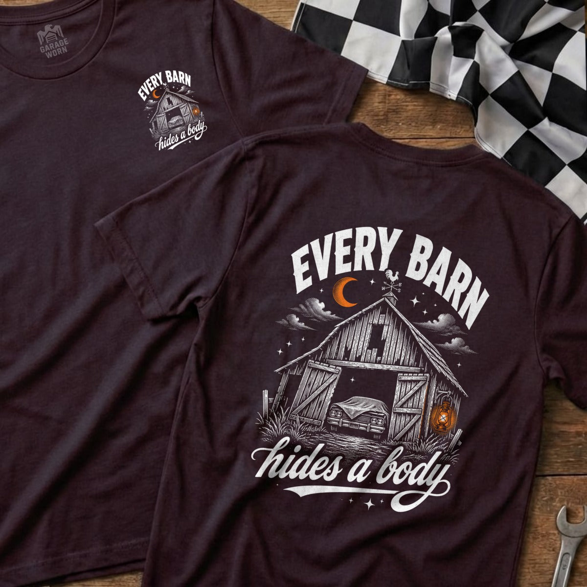 T-shirt with "Every Barn Hides a Body" text and barn graphic.