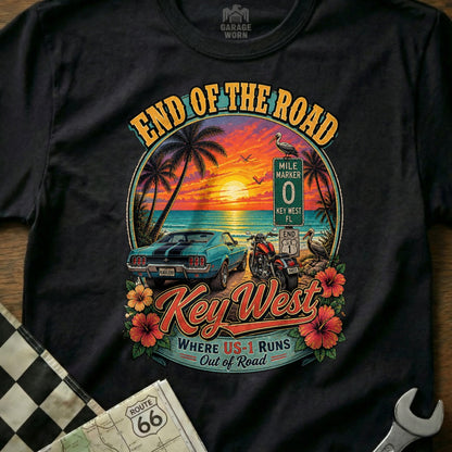 Key West t-shirt with vintage car, motorcycle, and sunset scene.