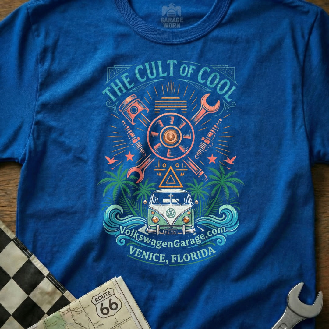 Blue t-shirt with graphic of a VW van, "The Cult of Cool," and "VolkswagenGarage.com Venice, Florida."