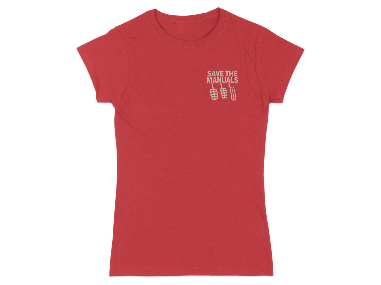 Red t-shirt with "SAVE THE MANUALS" text and clutch, brake, and accelerator pedals graphic.