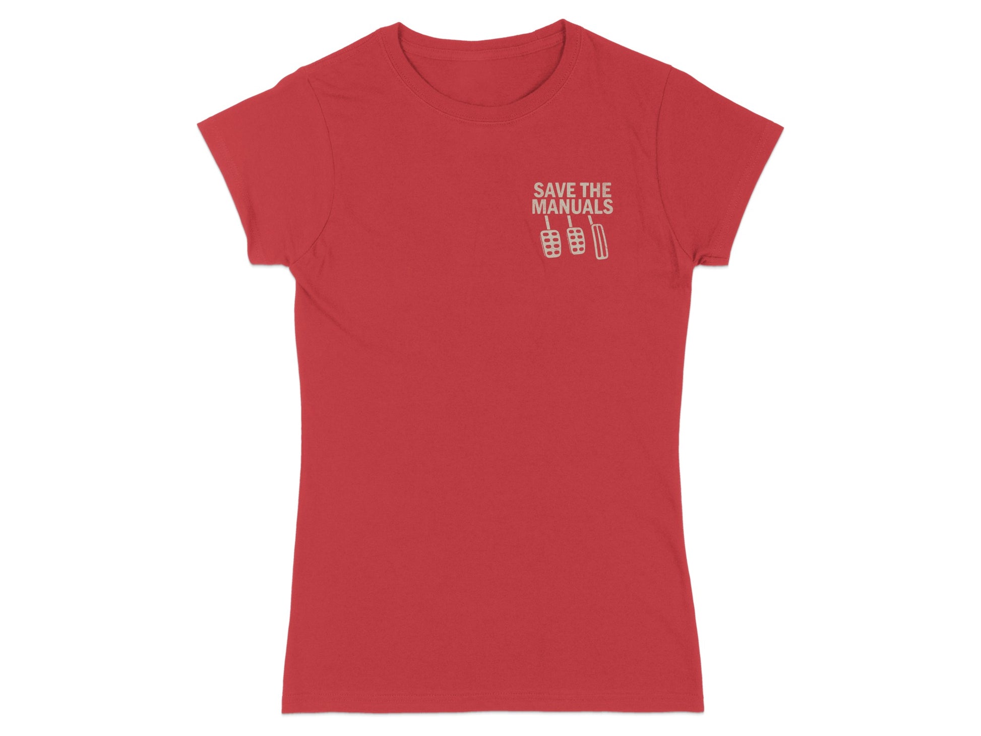 Red t-shirt with "SAVE THE MANUALS" text and clutch, brake, and accelerator pedals graphic.