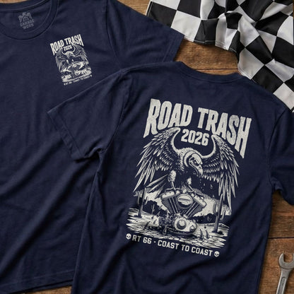 Navy t-shirt with "Road Trash 2026" eagle and motorcycle graphic.