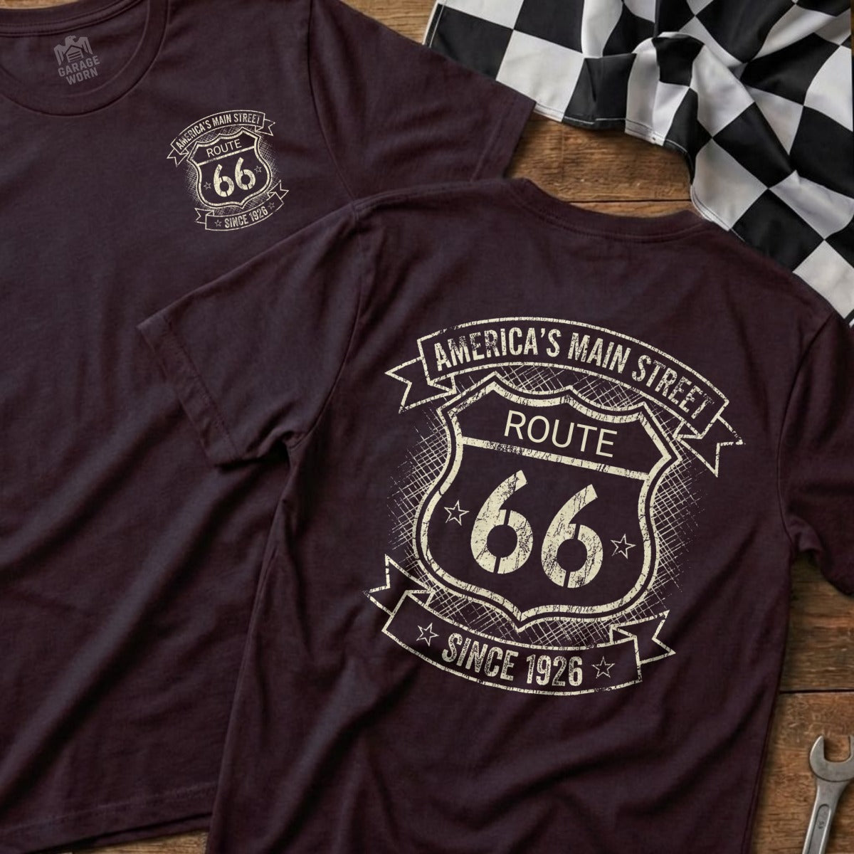 Burgundy t-shirts with Route 66 "America's Main Street Since 1926" graphic.
