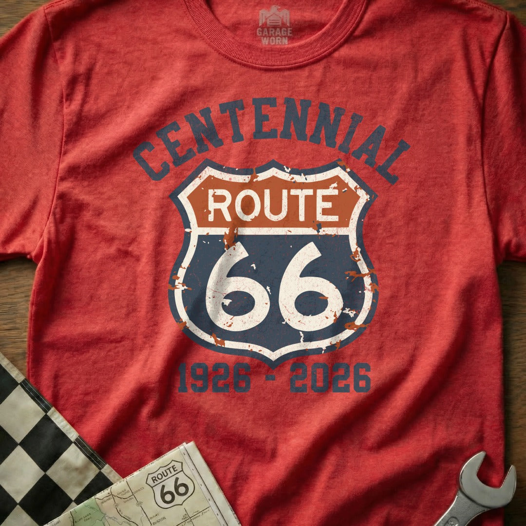 Red t-shirt with Route 66 Centennial 1926-2026 logo.