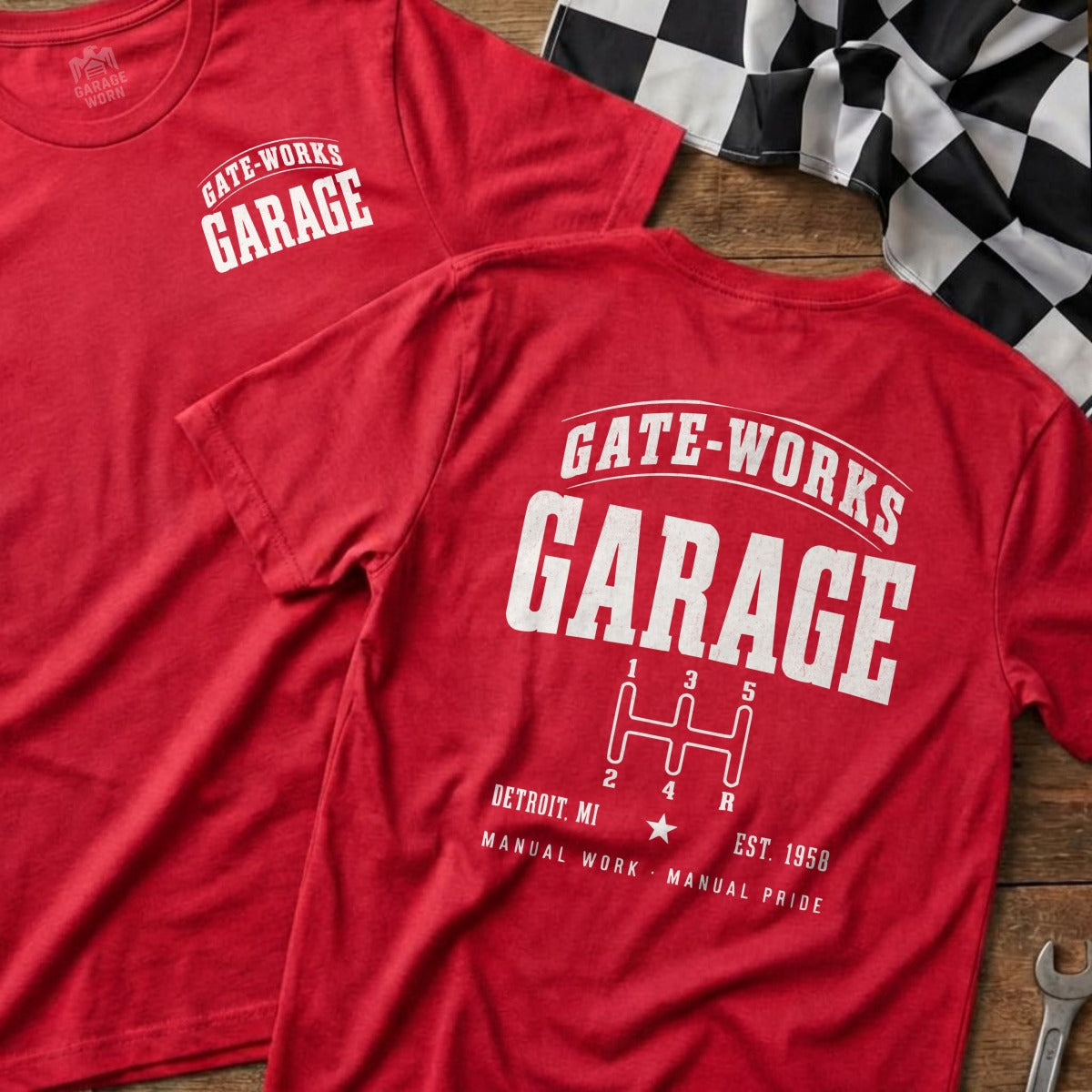 Red t-shirts with "GATE-WORKS GARAGE" logo and gear shift graphic.