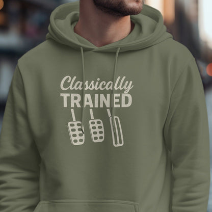 Olive green hoodie with "Classically TRAINED" and three car pedals graphic.