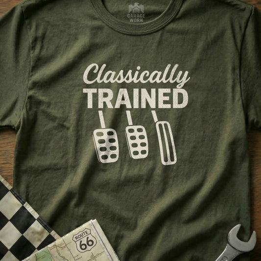 Olive green t-shirt with white "Classically Trained" text and three pedals.