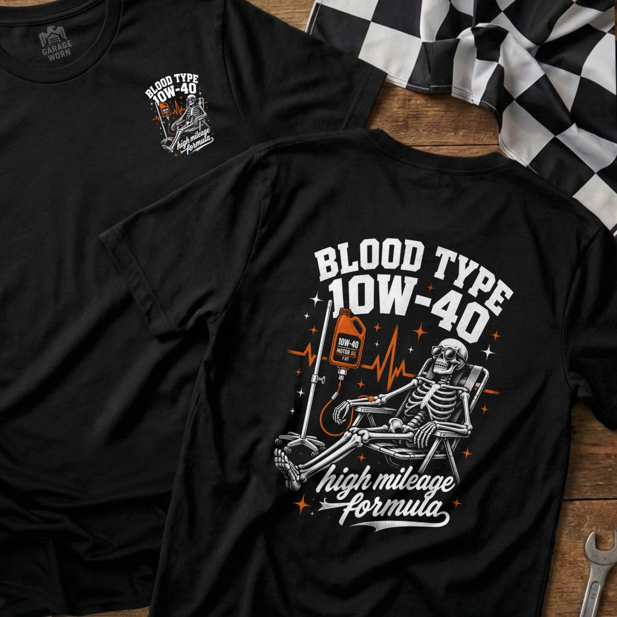 Black t-shirt with "Blood Type 10W-40 High Mileage Formula" graphic.