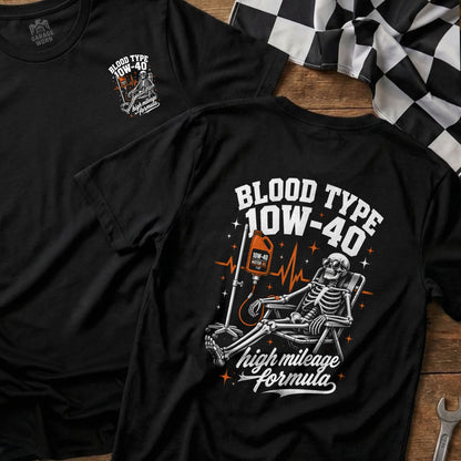 Black t-shirt with "Blood Type 10W-40 High Mileage Formula" graphic.