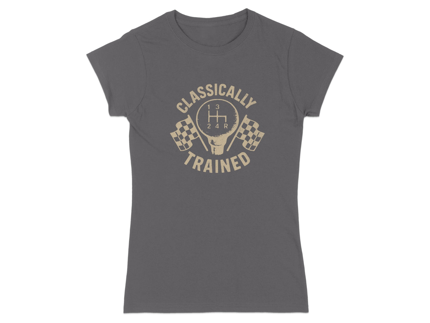 T-shirt with "CLASSICALLY TRAINED" text, checkered flags, and gear shift pattern.