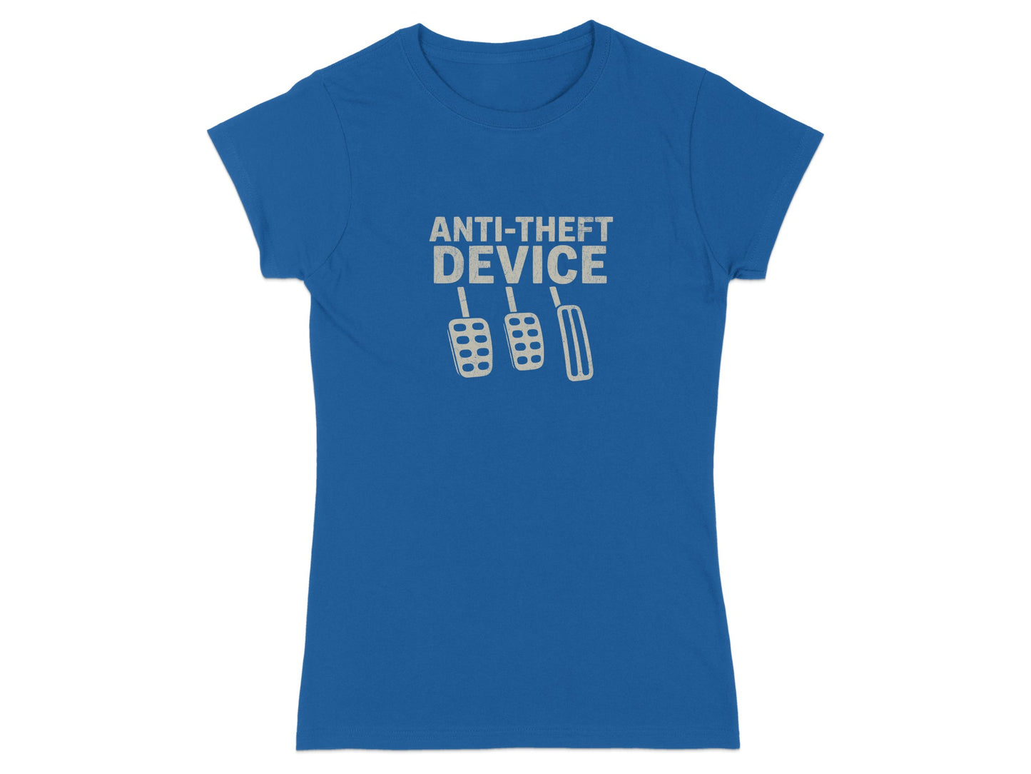 Blue t-shirt with white text "ANTI-THEFT DEVICE" and three clutch pedals.
