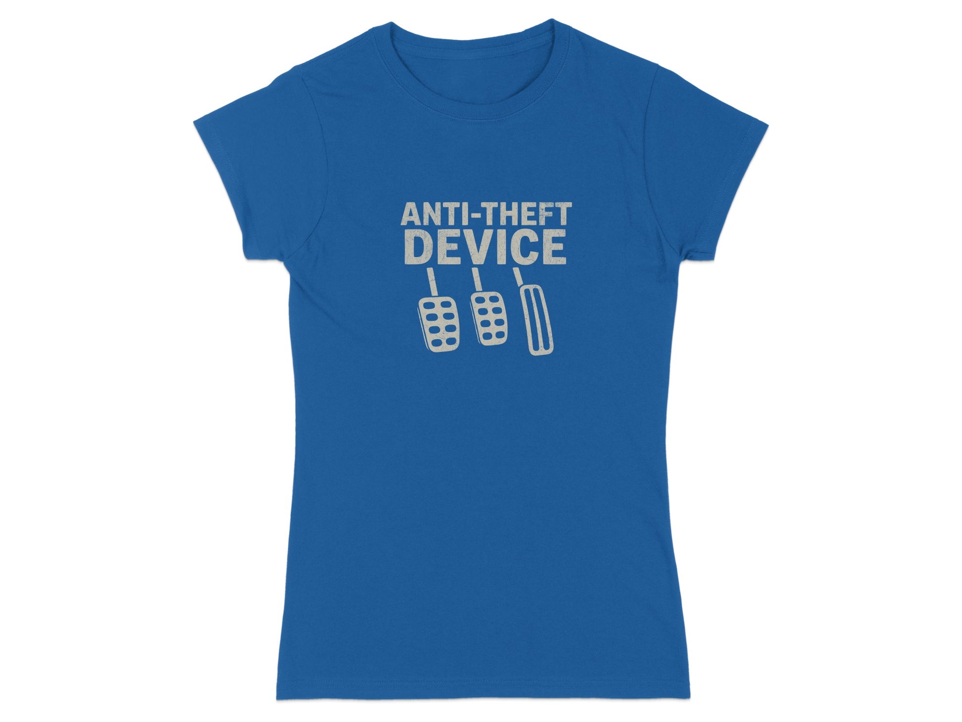 Blue t-shirt with white text "ANTI-THEFT DEVICE" and three clutch pedals.
