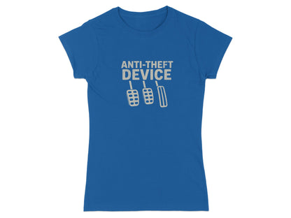 Blue t-shirt with white text "ANTI-THEFT DEVICE" and three clutch pedals.