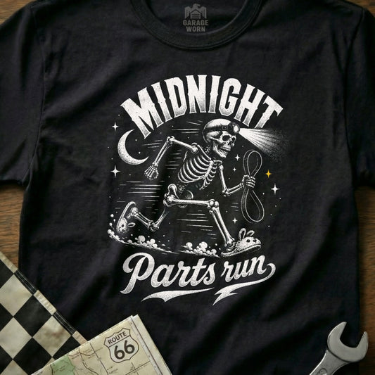 Black t-shirt with skeleton running under the text "Midnight Parts Run"