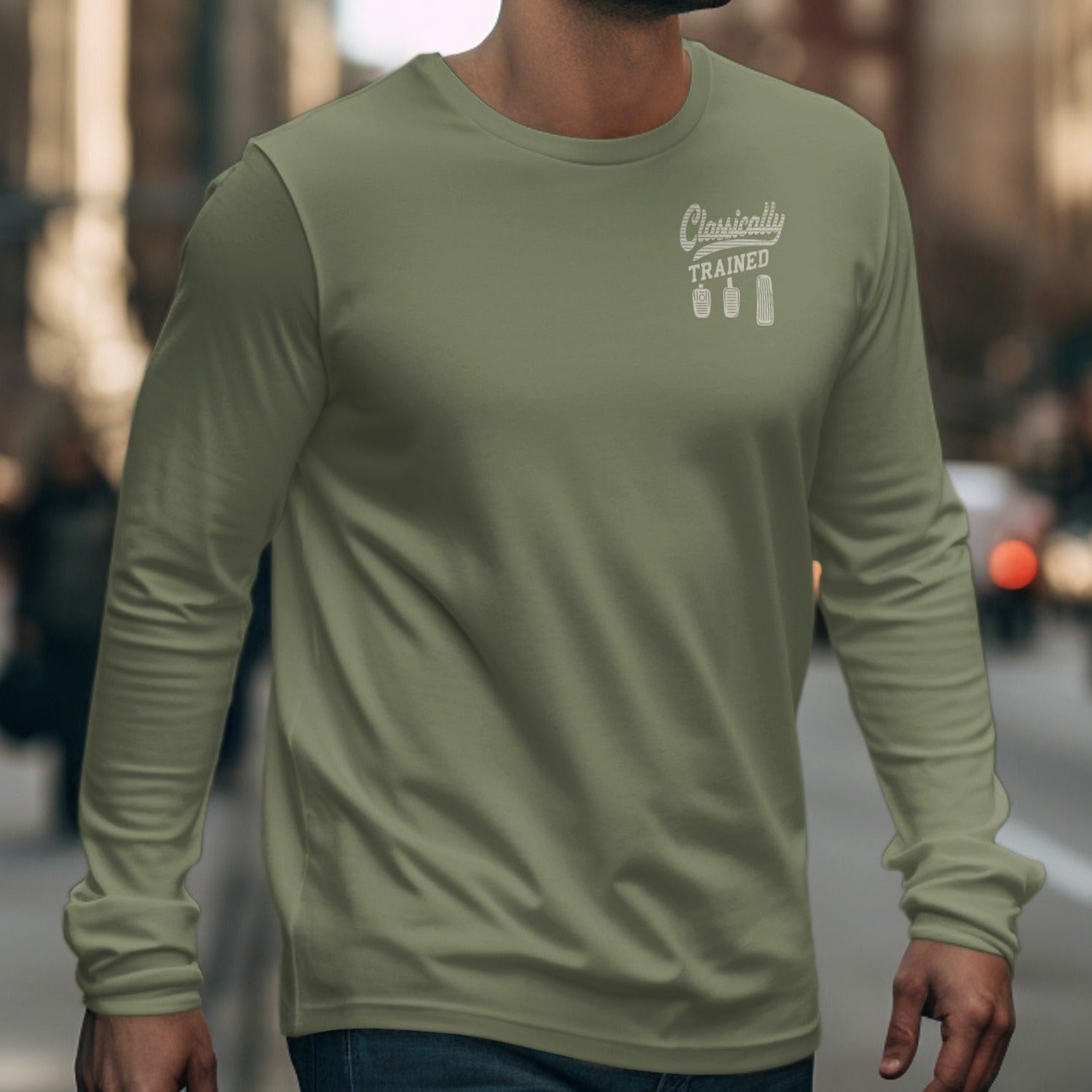 Olive green long-sleeve shirt with "Classically TRAINED" and pedal graphic.