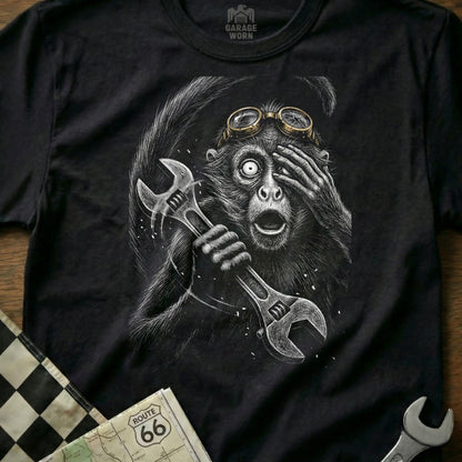 Monkey wearing goggles, holding two wrenches, looking surprised.