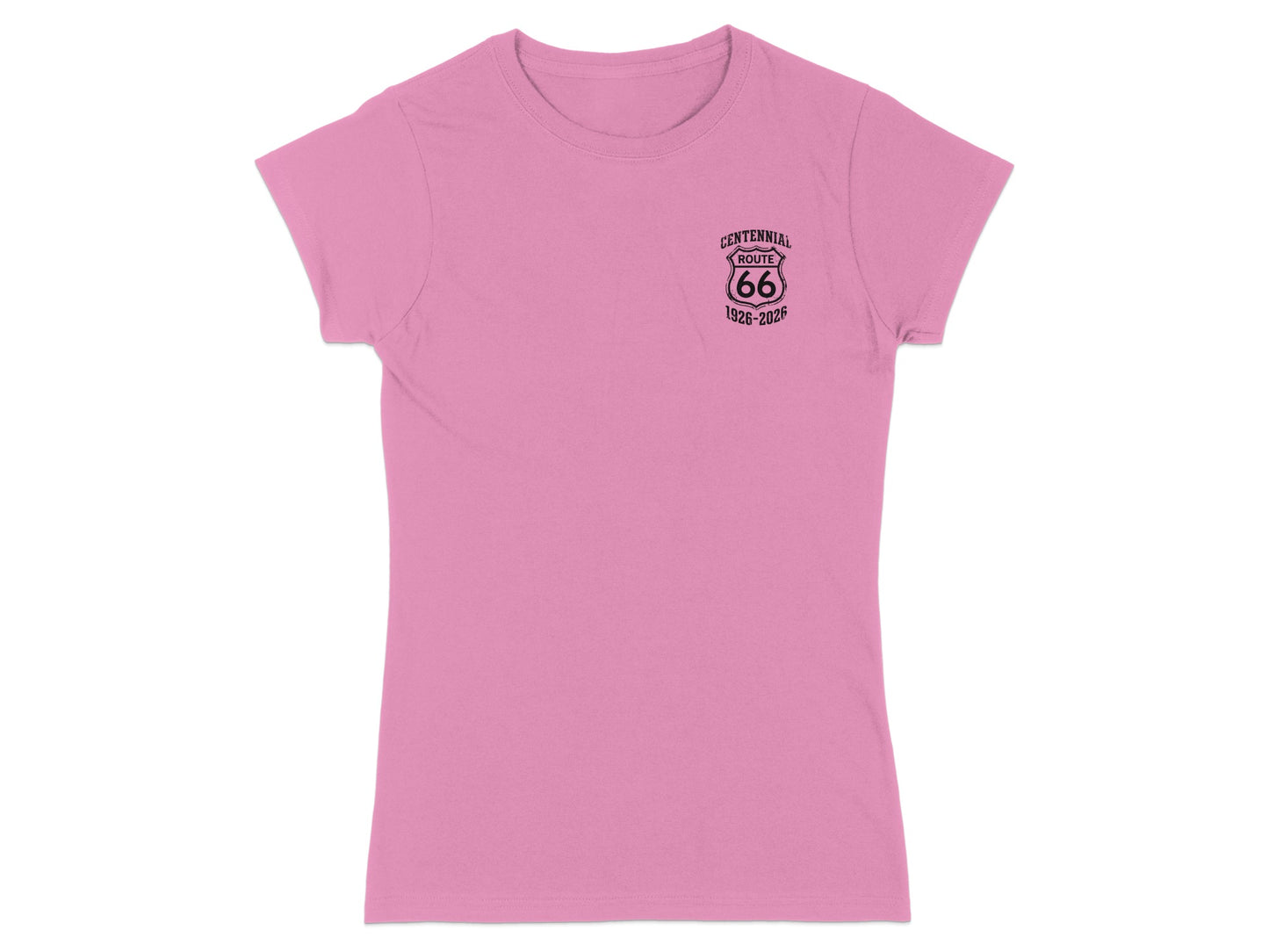 Pink t-shirt with Route 66 Centennial logo on the chest.